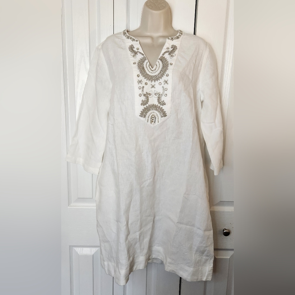 Nwt Chicos 1, Size 8, White Embellished Beaded Tunic with 3/4 Sleeves Pockets